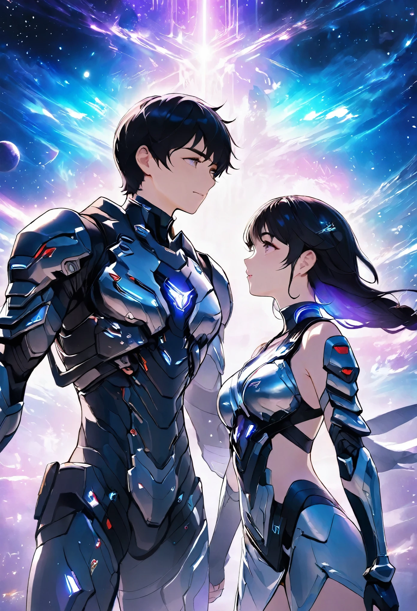 ((full body)), ((A boy and a yinji girl)), ((Long shot)), ((Armor)), ((Walk hand in hand)), Two-man match, 4k ultra hd, masterpiece, good face, detailed eyes, detailed lips, neon lights, (galaxy background:1.5), in the heaven, Dissolving is correct