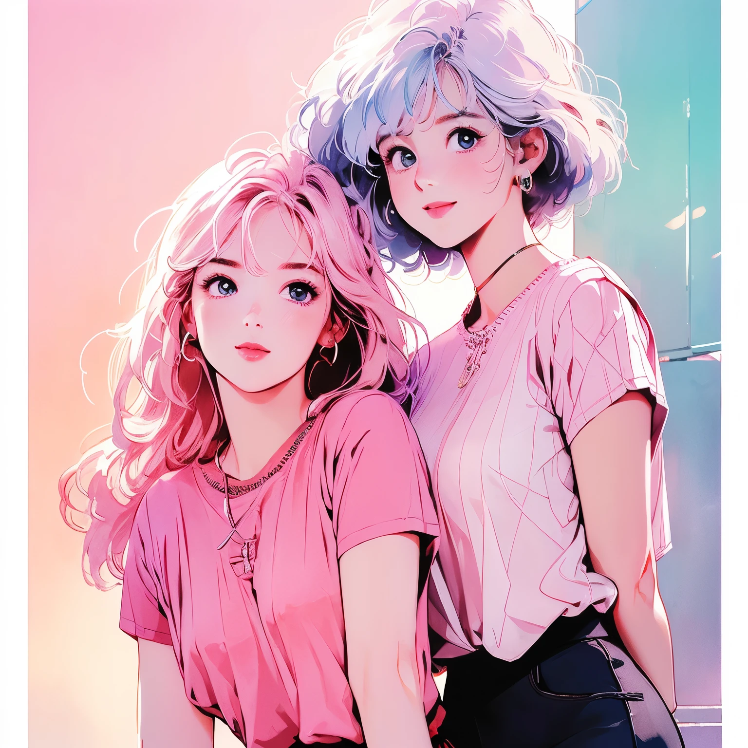 whole body、Beauty、1 female、4k、White short sleeve blouse、skirt、Shopping Street、Complex background、Detailed Hair、smile、Pale pink hair、Faint lighting、rainbow