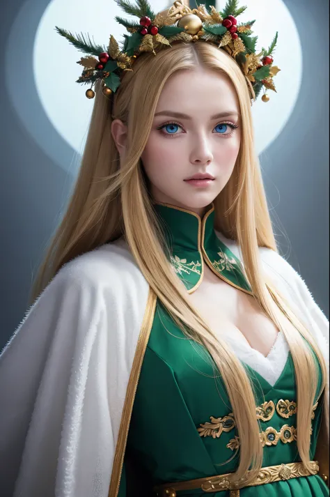 portrait of a beautiful empress, blonde hair, perfect blue eyes, wonderful, an incredibly impressive large christmas headpiece, ...