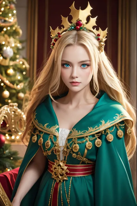 portrait of a beautiful empress, blonde hair, perfect blue eyes, wonderful, an incredibly impressive large christmas headpiece, ...