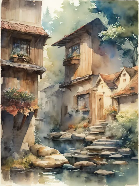 ((Watercolor)),Landscape painting painted in watercolor,Gentle colors,miaobishenghua,Use watercolors and colored pencils,intrica...