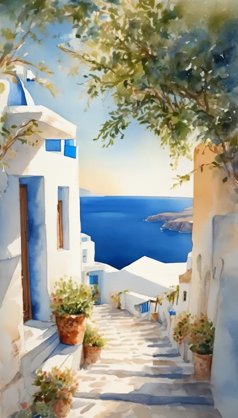 landscape painted in watercolor: santorini, greece,gentle colors,beautiful blue and white contrast,aegean sea,use watercolors an...