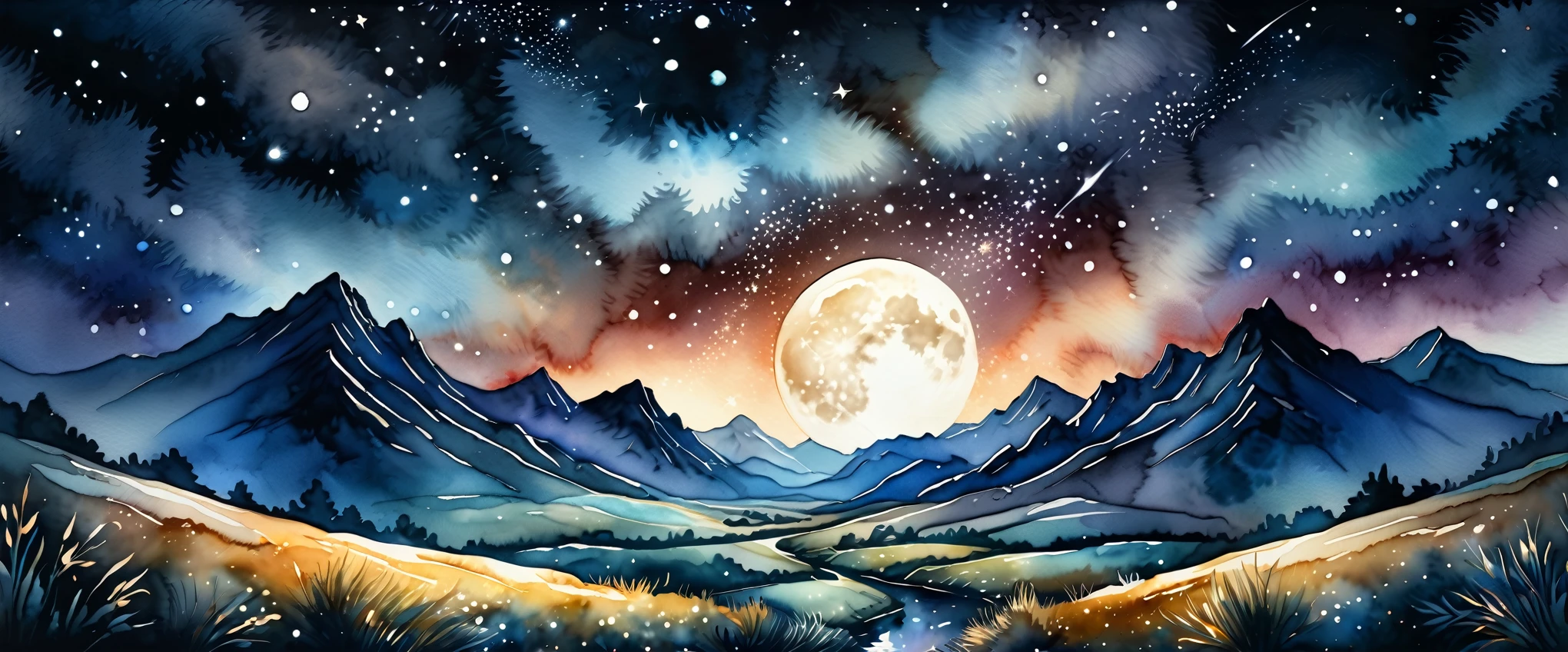 (Absurdres:1.2), exquisitely detailed shimmer night landscape of the land Ceres, ethereal, stars, dark glimmer, Shimmer, approaching perfection, ultra-high quality, bokeh, dynamic angle, volumetric lighting, 8k resolution, watercolor painting | ((More_Detail))