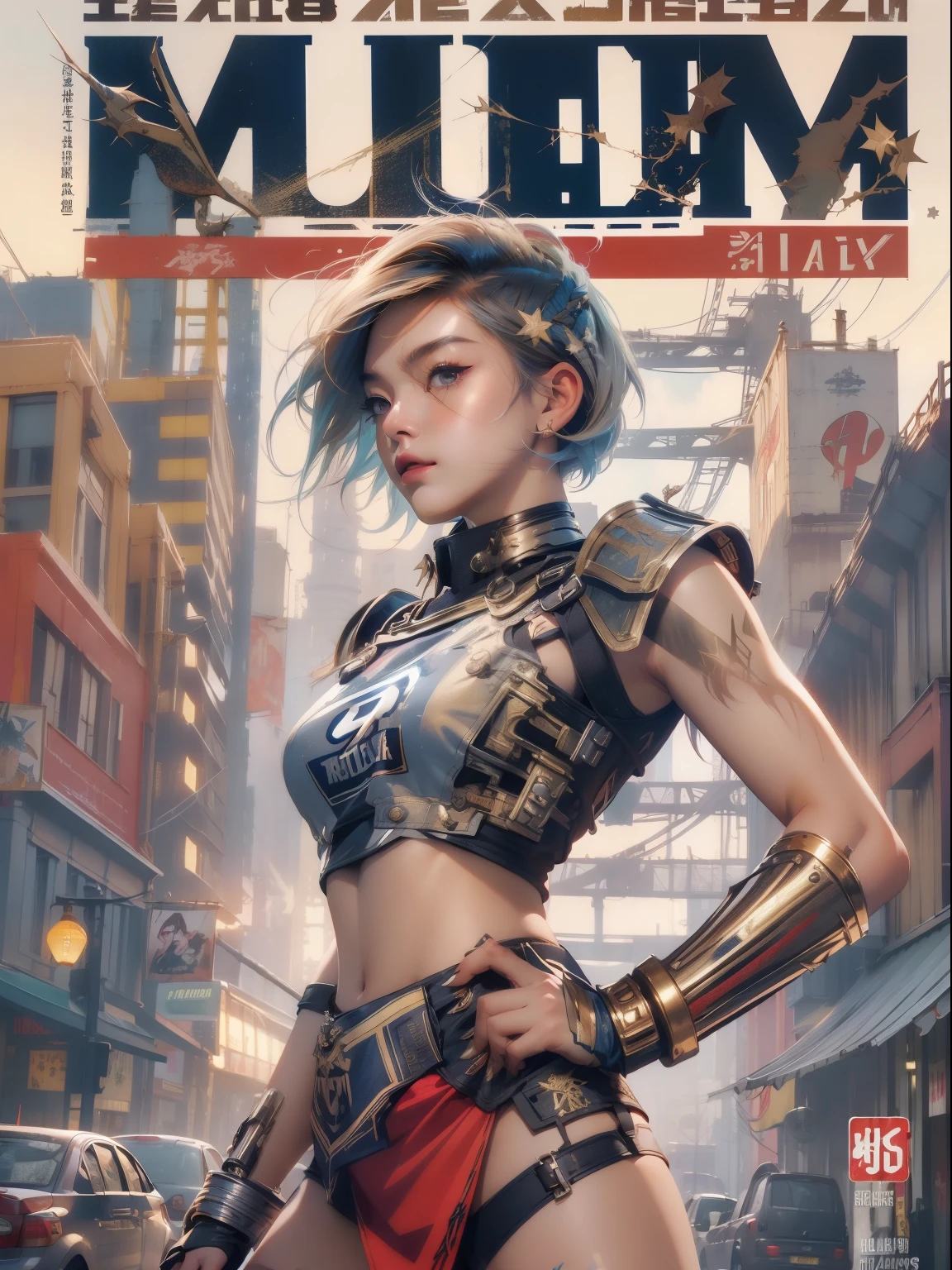 (((Miss))), (((Better quality))), (((masterpiece))), (((aldult))), (((1 Girl))), ((( bob hairstyle ))), A 25-year-old Asian female, Cyberpunk gladiator with a perfect body, Shoulder pads with metal ridges, brooklyn gladiators, (( bob hairstyle )), small leather panties, ripped rugby time t-shirt, Simon Beasley (Simon Bisley) almost naked as《heavy metal》Magazine cover shoot，Show wild urban style, blonde short hair, Minimum dress code, There is metal protection on the left arm，Have complex graphics, Dark Red，With white stars and zigzag stripes, Navy blue and white, armor, full of thorns, (((from knee up))), 白色blonde short hair, Wall in background painted by Shepard Fairey，Complex design