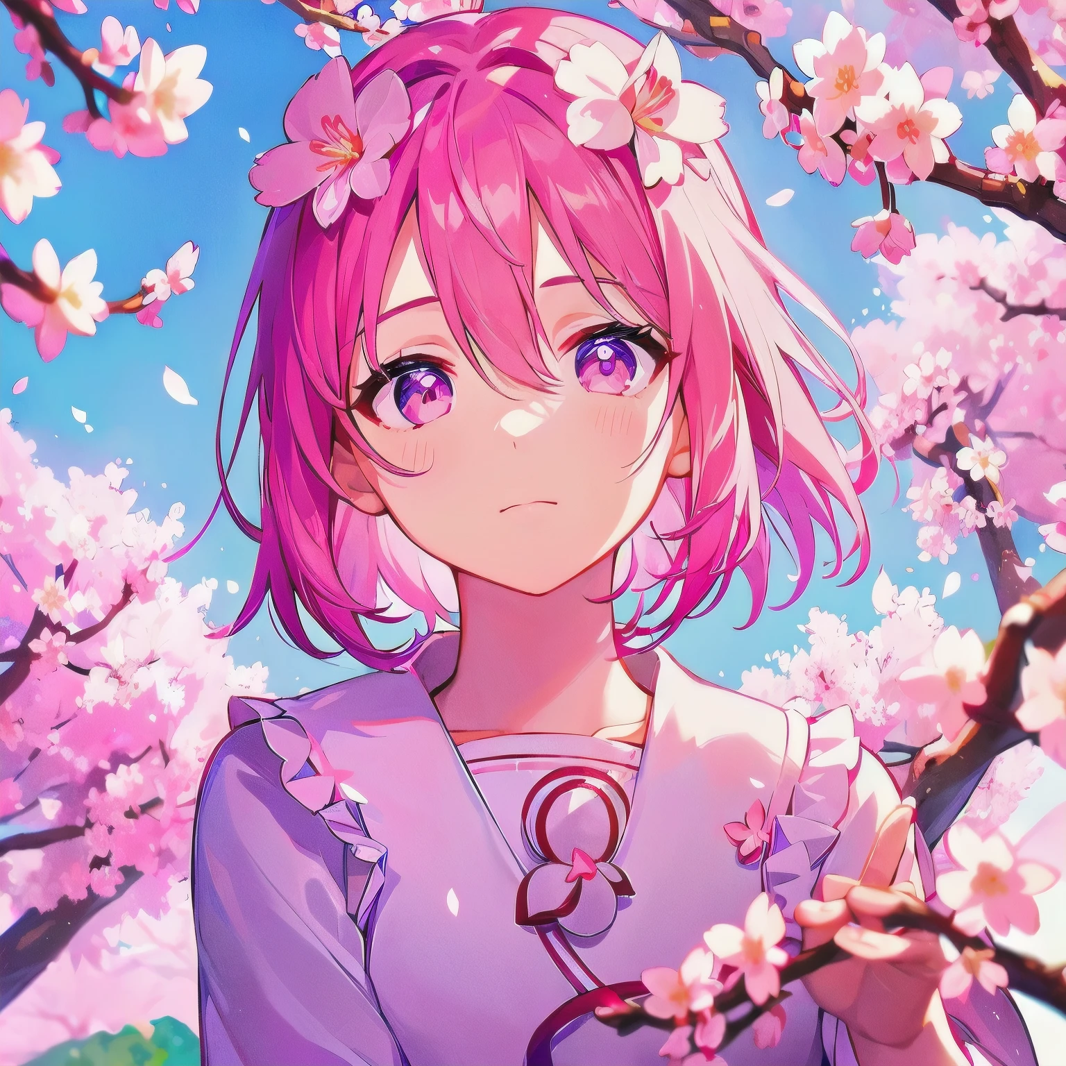 master peace, 1girl, solo, hair between eyes, closed mouth, standing, flower, outdoors, sky, cloud, tree, petals, floating hair, cherry blossoms, pink flower, (sailor suit), (((face focus))), (((looking at another))), (sakura effect:1.4)