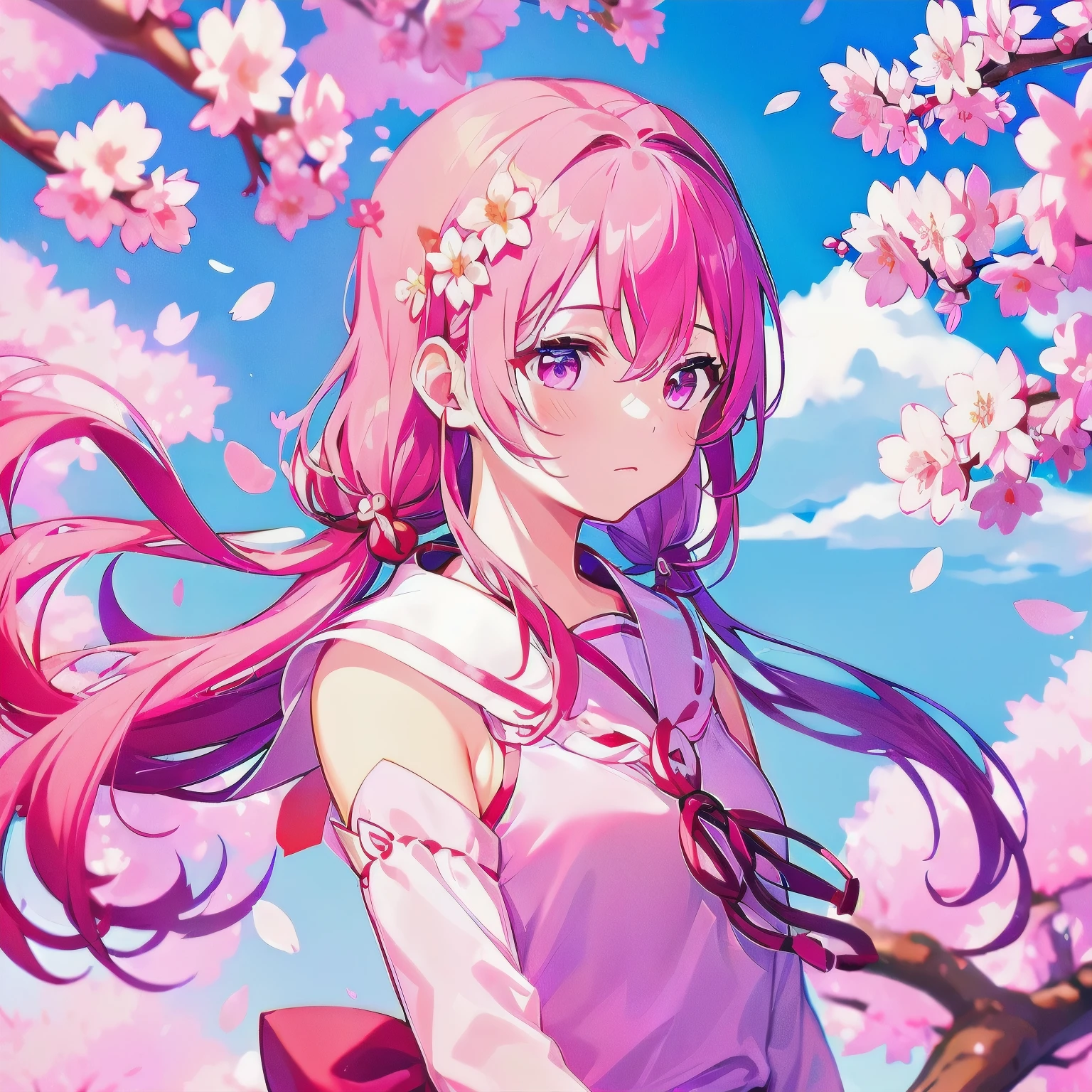 master peace, 1girl, solo, hair between eyes, closed mouth, standing, flower, outdoors, sky, cloud, tree, petals, floating hair, cherry blossoms, pink flower, (sailor suit), (((face focus))), (((looking at another))), (sakura effect:1.4)