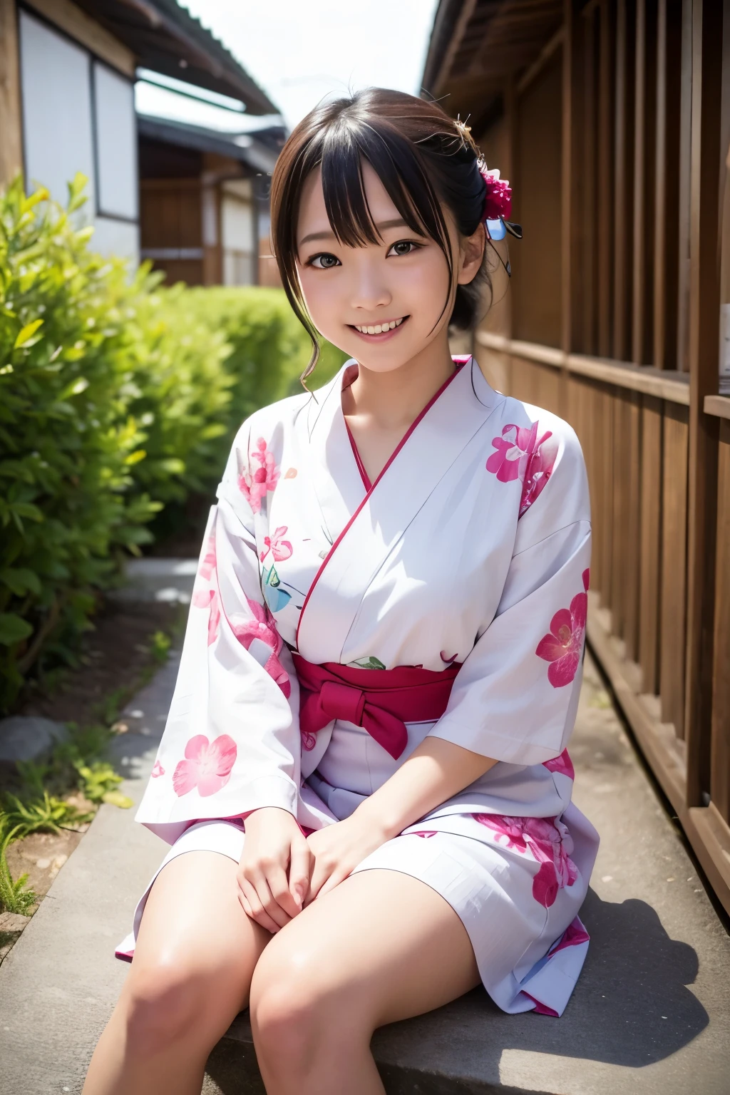 Mini yukata, pose sentada, mirando a la cámara, hermosa chica, sonrisa brillante, verano, fuera de la casa, callejón, atar el pelo, japonés., preciso, piel texturizada, anatómicamente correcto, súper detalle, Detalles altos, alta calidad, alta resolución, mejor calidad