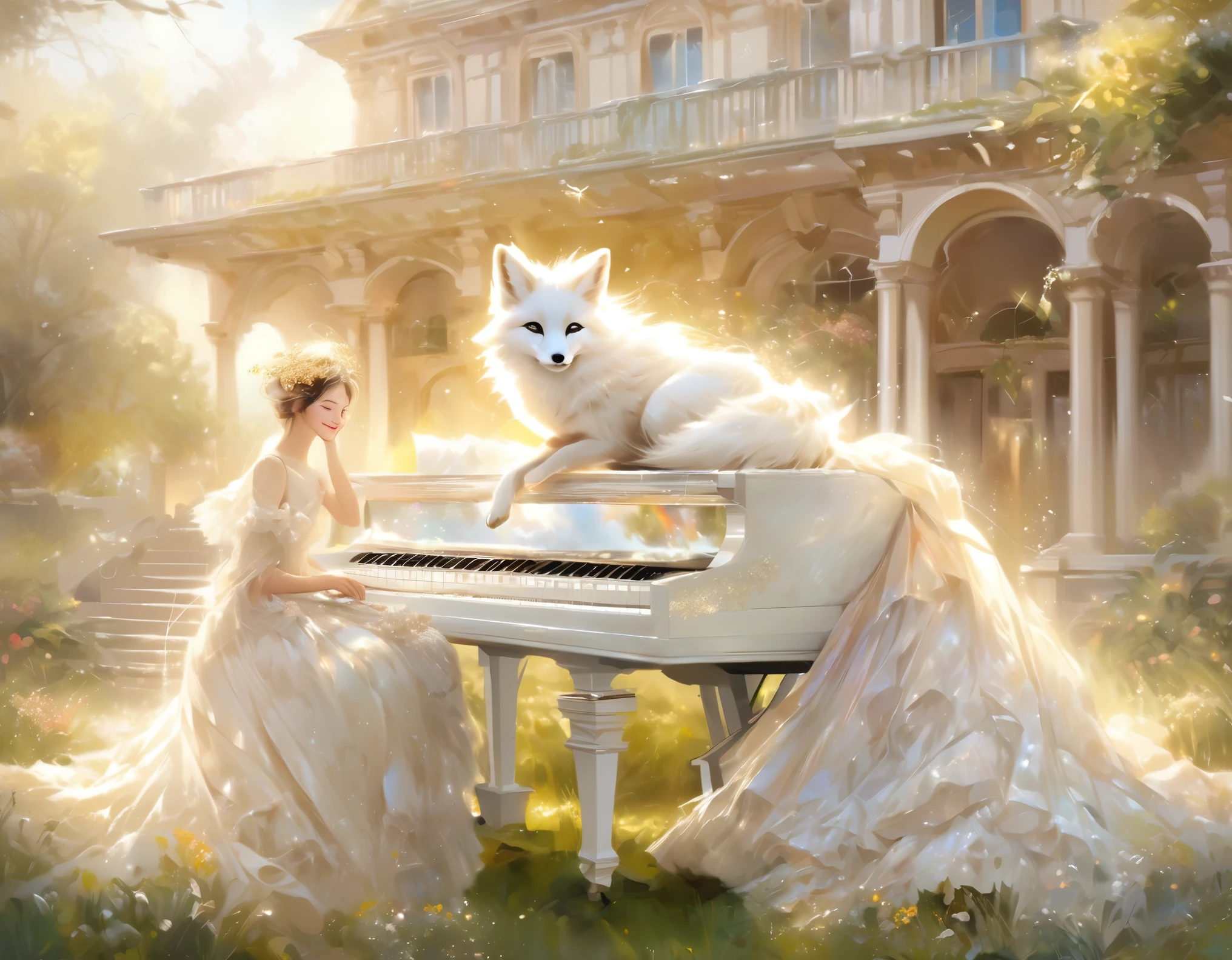 fusion of oil painting and watercolor painting, best quality, super fine, 16k, incredibly absurdres, extremely detailed, delicate and dynamic, furry, beautiful cute white fox fairy, happy smile, lovely wedding dress and veil with frills and lace, white grand piano playing the piano in the grassy courtyard of Northern Renaissance mansion, the season is June, sunlight filtering through the trees, rain showers, sparkling raindrops, various image effects in gentle colors with gold glitter