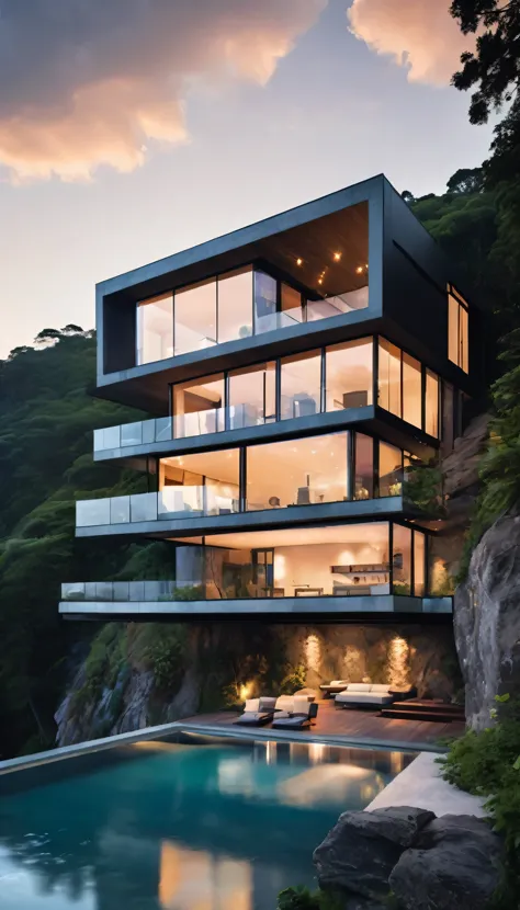 Imagine a luxurious cliffside retreat designed as a multi-tier structure with extensive glass walls for unobstructed views of th...