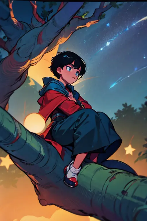 a boy sitting below a tree in night looking at stars