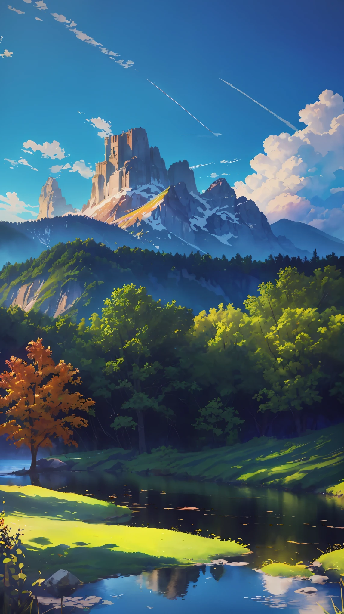 (best quality,4k,8k,highres,masterpiece:1.2),ultra-detailed,(realistic,photorealistic,photo-realistic:1.37),watercolor,landscape,mountain range,river,tree,sky,clouds,sunlight,reflection,vibrant colors,detailed details,impressionism,studio lighting,soft focus,vivid colors