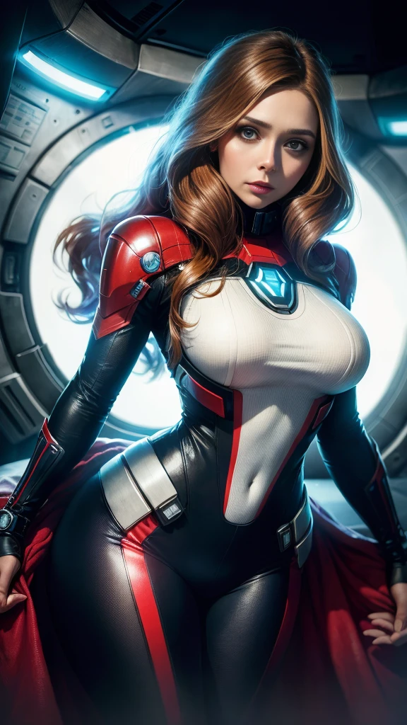 Elizabeth Olsen dans le rôle du capitaine d'un vaisseau spatial, un gratte-ciel, (inspiré de Mass Effect), costume d&#39;homme-araignée, Cote de sécurité, augmentation mammaire, Grosses fesses, pantalon en cuir enroulé autour des hanches (8k, photo brute, photoréaliste: 1, 25), (beaucoup de brillant à lèvres, beaucoup de cils, meilleure qualité, ultra haute résolution, Profondeur de champ, aberration chromatique, Lumière large, Cor Naturel, Images lointaines (1:2), Dame sexy,