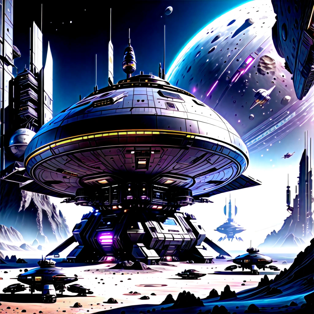 Base cachée des cosmo-pirates de l&#39;espace sur un astéroïde avec des vaisseaux spatiaux amarrés, vue rapprochée très détaillée, Style cyberpunk, 8k, science-fiction