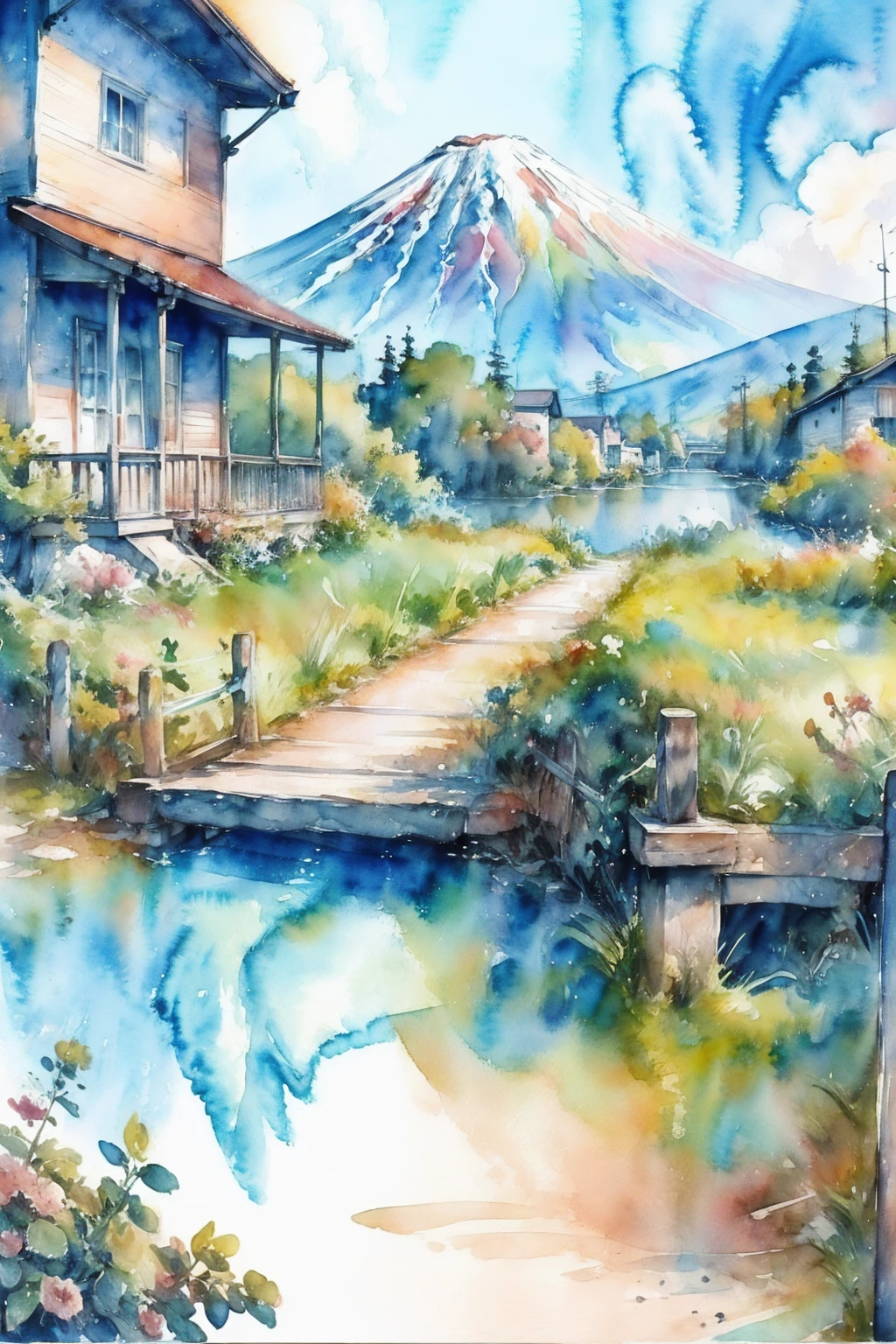 (mais alta qualidade,4K,8K,Alta resolução,obra de arte:1.2),super detalhado,atmosfera sonhadora,Pintura de paisagem em aquarela,luz solar suave, cores vibrantes,Monte Fuji e sua vasta base