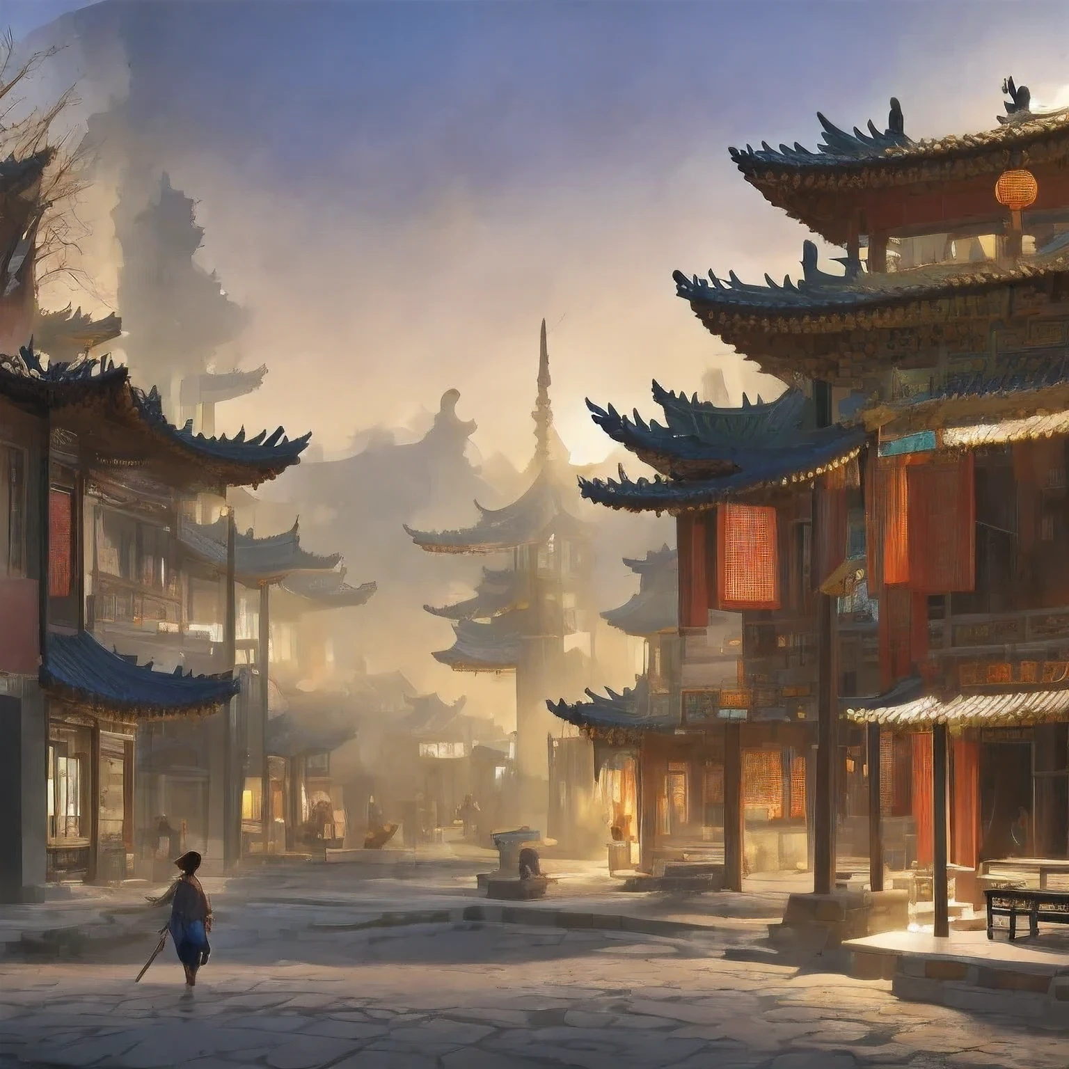 （（（acuarela））））paisaje，acuarela，obra de arte estilizada de fantasía urbana, ciudad china de ensueño, Arte conceptual ， altamente renderizado, pintura mate del arte del juego, pintura mate 4k 8k, cinematográfico. by leng jun, en una ciudad tropical y distópica, pintura mate 8k, pintura mate 8k，（（（acuarela）））