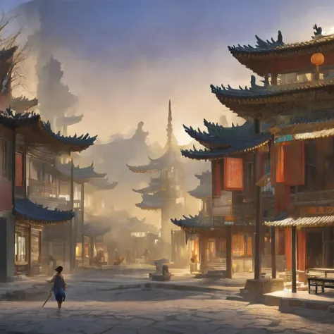 （（（watercolor））））landscape，watercolor，stylized urban fantasy artwork, dreamy chinese town, concept art ， highly rendered, game a...