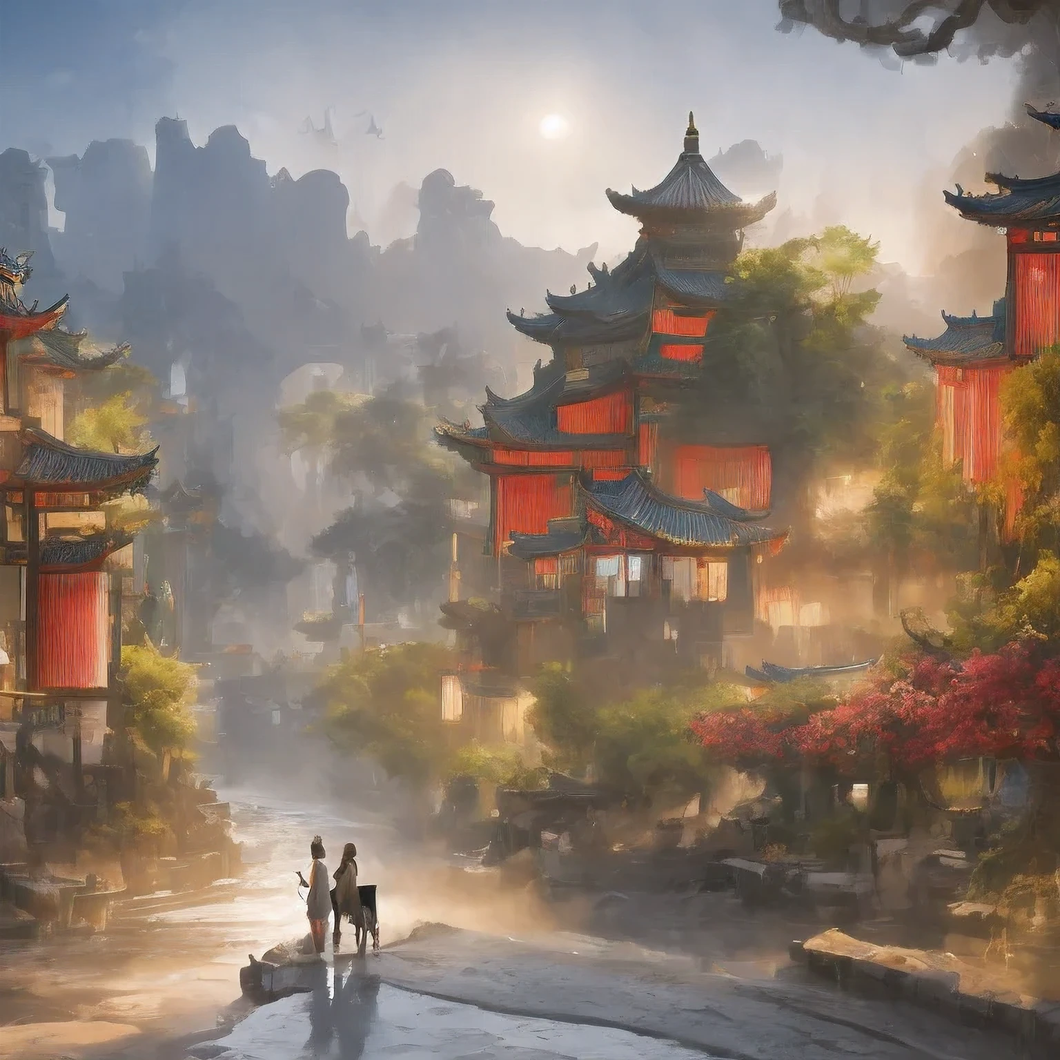 （（（aquarelle））））paysage，aquarelle，oeuvre de fantaisie urbaine stylisée, ville chinoise de rêve, art conceptuel ， hautement rendu, peinture mate d&#39;art de jeu, peinture mate 4k 8k, Cinématique. par leng juin, dans une ville tropicale et dystopique, Peinture mate 8k, Peinture mate 8 carats，（（（forte pluie）））