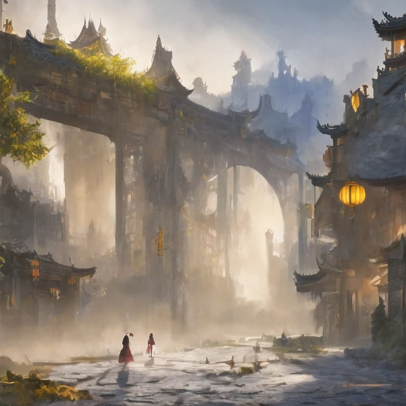 （（（acuarela））））paisaje，acuarela，obra de arte estilizada de fantasía urbana, ciudad china de ensueño, Arte conceptual ， altamente renderizado, pintura mate del arte del juego, pintura mate 4k 8k, cinematográfico. by leng jun, en una ciudad tropical y distópica, pintura mate 8k, pintura mate 8k，（（（Lluvia Pesada）））