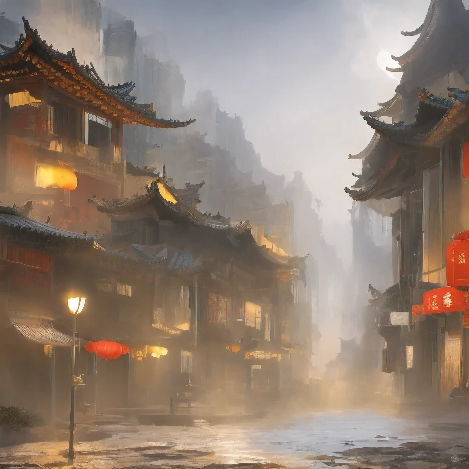 （（（aquarelle））））paysage，aquarelle，oeuvre de fantaisie urbaine stylisée, ville chinoise de rêve, art conceptuel ， hautement rendu, peinture mate d&#39;art de jeu, peinture mate 4k 8k, Cinématique. par leng juin, dans une ville tropicale et dystopique, Peinture mate 8k, Peinture mate 8 carats，（（（forte pluie）））