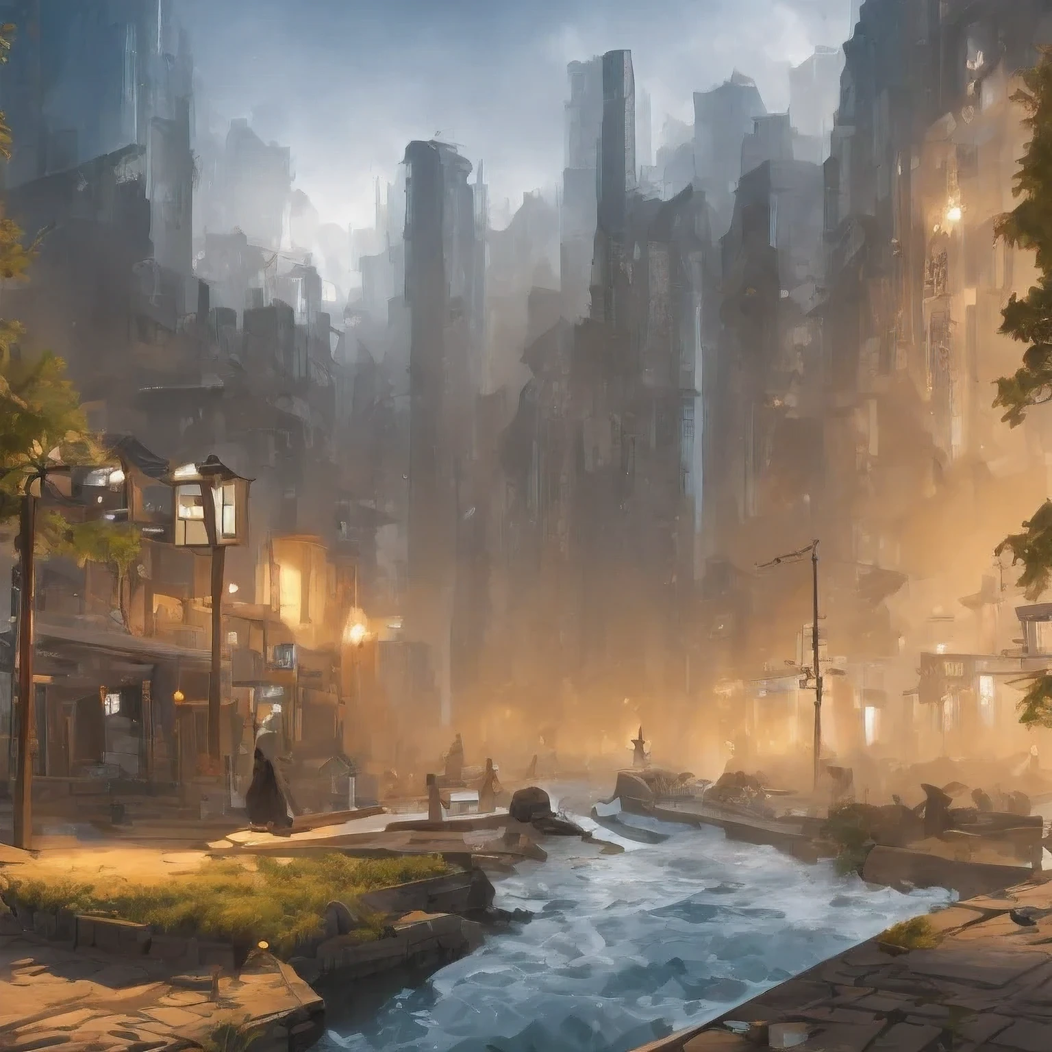 （（（watercolor））））landscape，watercolor，stylized urban fantasy artwork, dreamy chinese town, concept art ， highly rendered, game art matte painting, matte painting 4k 8k, cinematic. by leng jun, in a tropical and dystopic city, 8k matte painting, 8 k matte painting，（（（Heavy rain）））