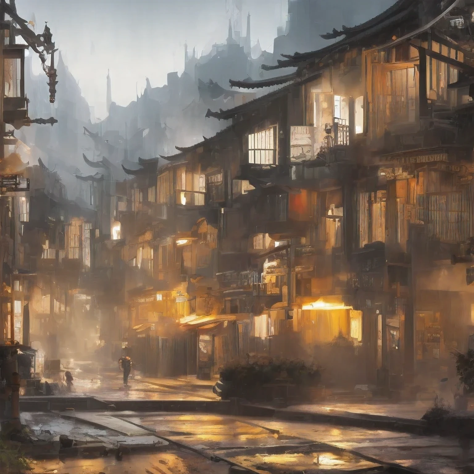 （（（watercolor））））landscape，watercolor，stylized urban fantasy artwork, dreamy chinese town, concept art ， highly rendered, game art matte painting, matte painting 4k 8k, cinematic. by leng jun, in a tropical and dystopic city, 8k matte painting, 8 k matte painting，（（（Heavy rain）））