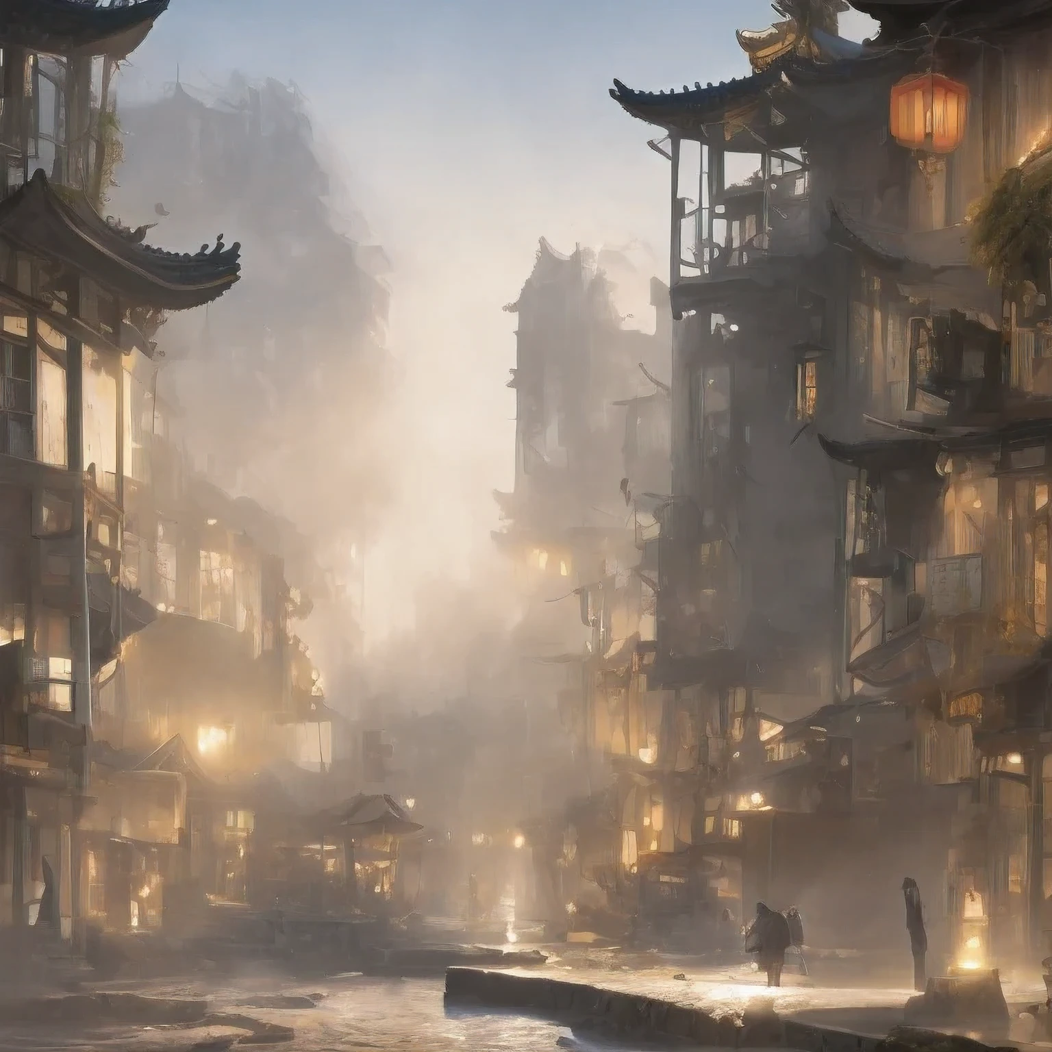 （（（watercolor））））landscape，watercolor，stylized urban fantasy artwork, dreamy chinese town, concept art ， highly rendered, game art matte painting, matte painting 4k 8k, cinematic. by leng jun, in a tropical and dystopic city, 8k matte painting, 8 k matte painting，（（（Heavy rain）））