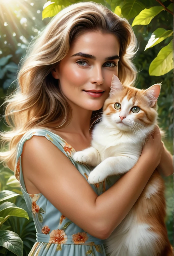 (highest quality,4K,8k,High resolution,masterpiece:1.2),Very detailed,(Realistic,photoRealistic,photo-Realistic:1.37),realistic,portraits,beautiful girl, apareance like actress brooke shields, holding a totality whithe cat, ,paintings,soft brushstrokes,vibrant colors,garden background,detailed girl's eyes,detailed girl's lips,peaceful expression,flowing dress, figure,gentle smile,natural sunlight,lush greenery,playful kitty,wavy hair,subtle shadows,delicate features,captivating gaze,sunlight filtering through trees,botanical elements,floral patterns,endearing bond,bright and cheerful atmosphere,innocent charm,loving connection between girl and puppy,accurate portrayal of the Kooikerhondje's appearance,tender interaction,dimensional and lifelike representation,capturing the emotional connection between humans and animals,positive and heartwarming vibes,impeccable attention to detail,carefully composed composition,realistic fur texture and color rendering,subtle highlights and shading,impressionistic brushwork,ethereal and dreamlike quality, blond hair, 11 years old