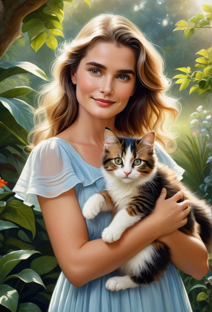 (highest quality,4K,8k,High resolution,masterpiece:1.2),Very detailed,(Realistic,photoRealistic,photo-Realistic:1.37),realistic,portraits,beautiful girl, apareance like actress brooke shields, holding a totality whithe cat, ,paintings,soft brushstrokes,vibrant colors,garden background,detailed girl's eyes,detailed girl's lips,peaceful expression,flowing dress, figure,gentle smile,natural sunlight,lush greenery,playful kitty,wavy hair,subtle shadows,delicate features,captivating gaze,sunlight filtering through trees,botanical elements,floral patterns,endearing bond,bright and cheerful atmosphere,innocent charm,loving connection between girl and puppy,accurate portrayal of the Kooikerhondje's appearance,tender interaction,dimensional and lifelike representation,capturing the emotional connection between humans and animals,positive and heartwarming vibes,impeccable attention to detail,carefully composed composition,realistic fur texture and color rendering,subtle highlights and shading,impressionistic brushwork,ethereal and dreamlike quality, blond hair, 11 years old