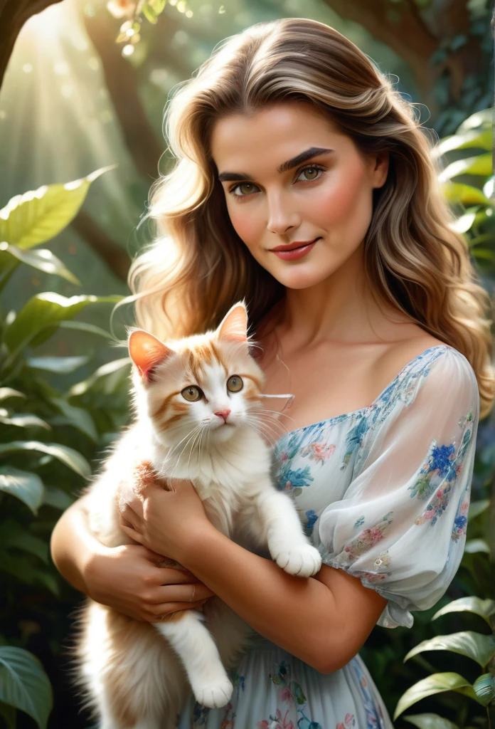 (highest quality,4K,8k,High resolution,masterpiece:1.2),Very detailed,(Realistic,photoRealistic,photo-Realistic:1.37),realistic,portraits,beautiful girl, apareance like actress brooke shields, holding a totality whithe cat, ,paintings,soft brushstrokes,vibrant colors,garden background,detailed girl's eyes,detailed girl's lips,peaceful expression,flowing dress, figure,gentle smile,natural sunlight,lush greenery,playful kitty,wavy hair,subtle shadows,delicate features,captivating gaze,sunlight filtering through trees,botanical elements,floral patterns,endearing bond,bright and cheerful atmosphere,innocent charm,loving connection between girl and puppy,accurate portrayal of the Kooikerhondje's appearance,tender interaction,dimensional and lifelike representation,capturing the emotional connection between humans and animals,positive and heartwarming vibes,impeccable attention to detail,carefully composed composition,realistic fur texture and color rendering,subtle highlights and shading,impressionistic brushwork,ethereal and dreamlike quality, blond hair, 11 years old