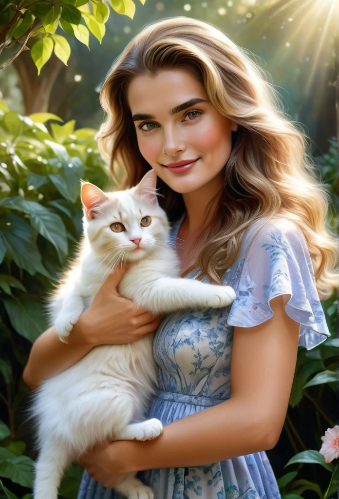 (highest quality,4K,8k,High resolution,masterpiece:1.2),Very detailed,(Realistic,photoRealistic,photo-Realistic:1.37),realistic,portraits,beautiful girl, apareance like actress brooke shields, holding a totality whithe cat, ,paintings,soft brushstrokes,vibrant colors,garden background,detailed girl's eyes,detailed girl's lips,peaceful expression,flowing dress, figure,gentle smile,natural sunlight,lush greenery,playful kitty,wavy hair,subtle shadows,delicate features,captivating gaze,sunlight filtering through trees,botanical elements,floral patterns,endearing bond,bright and cheerful atmosphere,innocent charm,loving connection between girl and puppy,accurate portrayal of the Kooikerhondje's appearance,tender interaction,dimensional and lifelike representation,capturing the emotional connection between humans and animals,positive and heartwarming vibes,impeccable attention to detail,carefully composed composition,realistic fur texture and color rendering,subtle highlights and shading,impressionistic brushwork,ethereal and dreamlike quality, blond hair, 11 years old