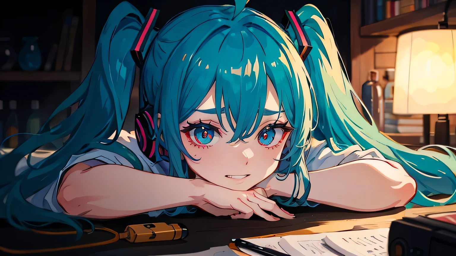 (masterpiece, best quality, very detailed, best shadow), 1girl, solo, miku hatsune, ahoge, aqua eyes, aqua hair, crossed bangs, hair between eyes, hair ornament, headphones, long hair, twintails, middle shot, (working hard:1.5), (tired:1.6)