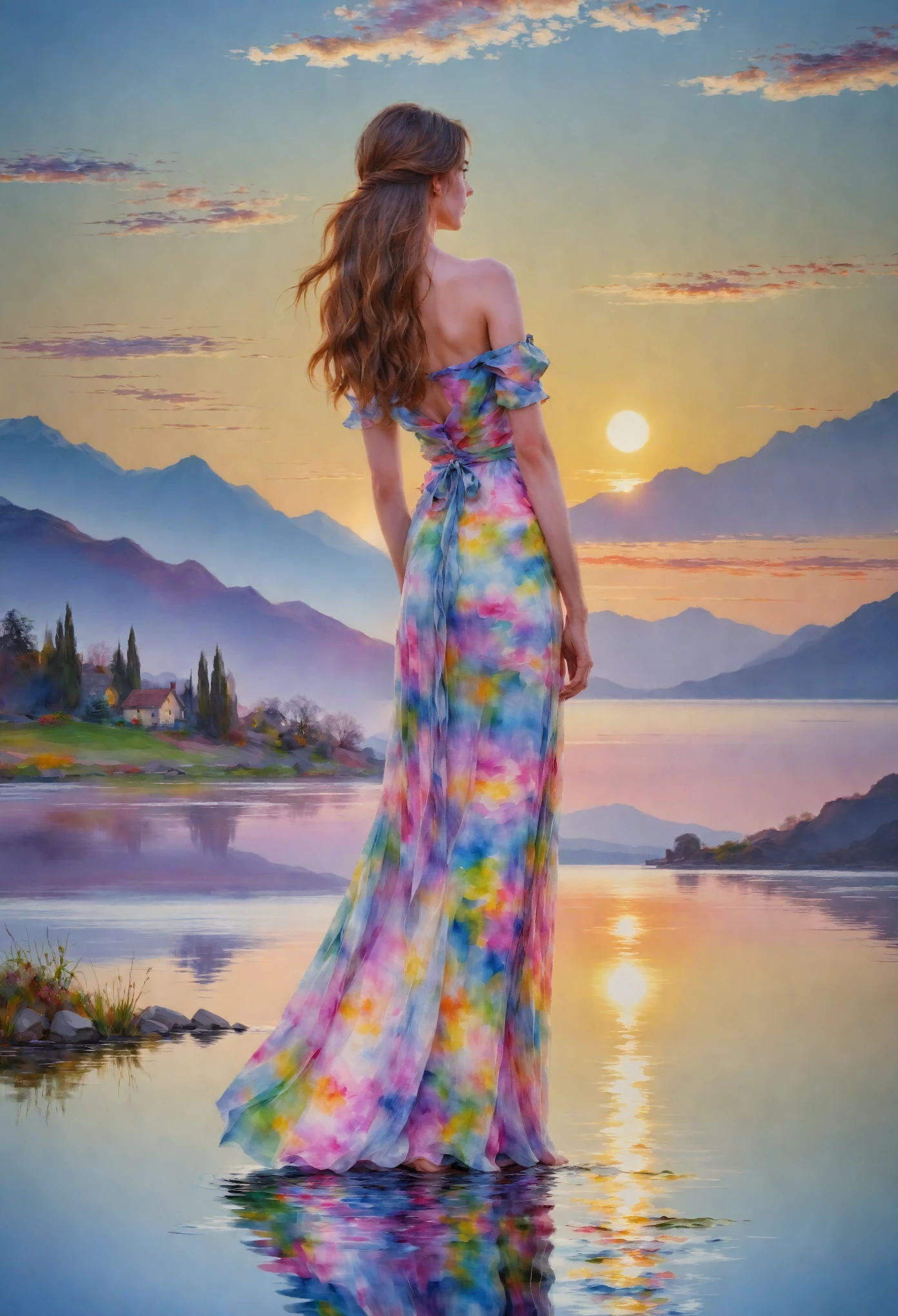 ((Stunning Impressionistic watercolour painting)), ((Epic masterpiece of Monet)), ((highest quality, Highest image quality, High resolution, 8K)), in focus A silhouette of a beautiful seductive Girl posing near a lake at fantastic sunset, with mountains in the background and calm waters reflecting lucient hues.