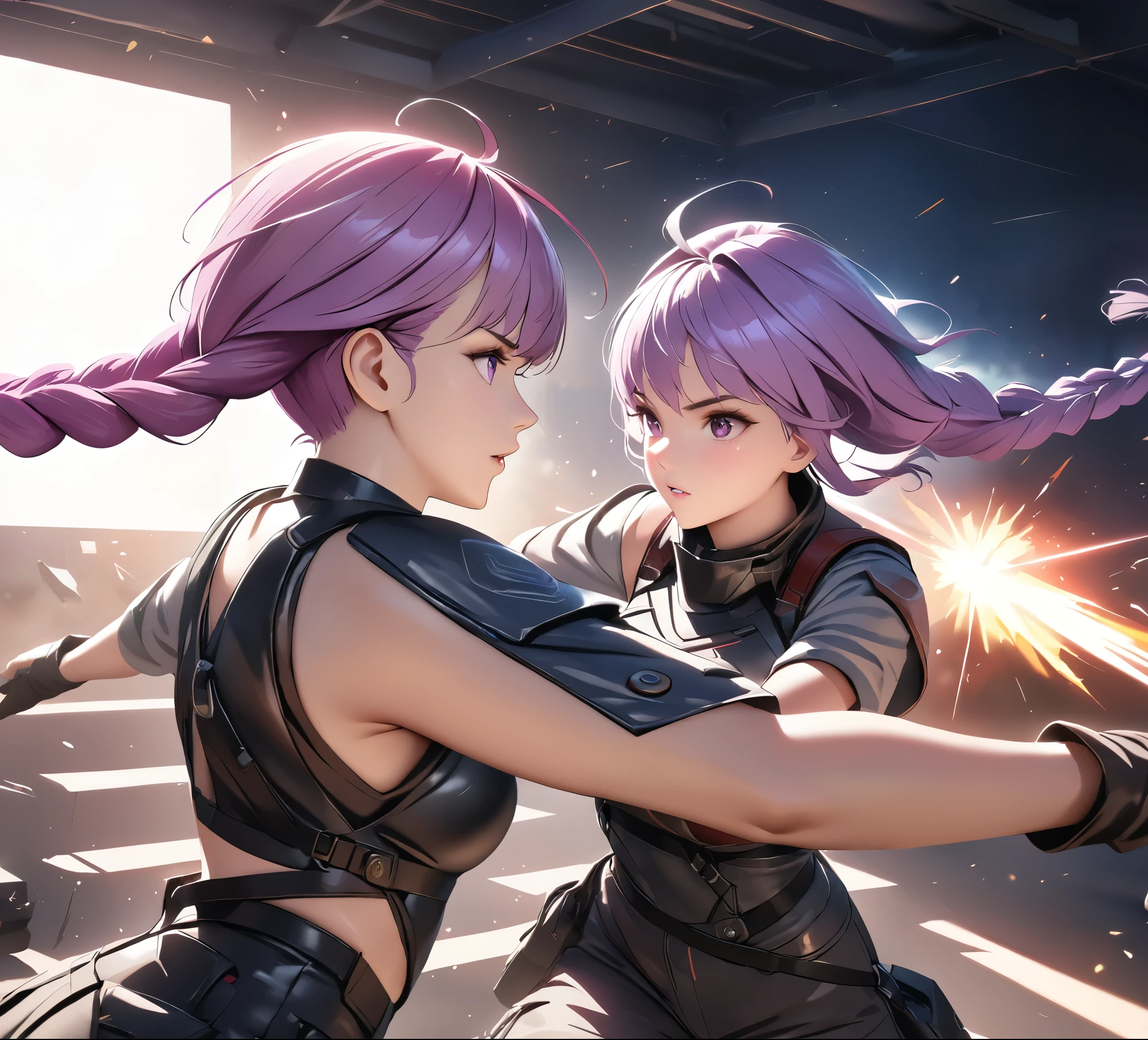 1 boy,a girl with purple and white gradient double braids,Intense showdown, eye contact, tense atmosphere, battle outfits, fierce combat, both enemies and friends, dynamic action capture, interplay of light and shadow, best quality, 4k, 8k, highres, masterpiece:1.2, ultra-detailed, realistic, photorealistic:1.37, HDR, UHD, studio lighting, extreme detail description, professional, vivid colors, bokeh, portraits, action, dramatic lighting