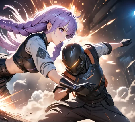 1 boy,a girl with purple and white gradient double braids,Intense showdown, eye contact, tense atmosphere, battle outfits, fierc...