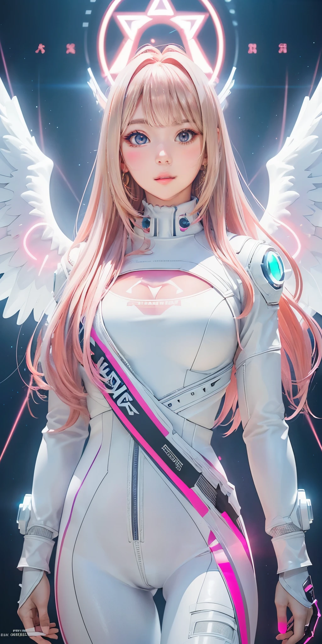 ((masterpiece, best quality, extremely detailed), volumetric lighting, ambient occlusion, colorful, glowing), 
1girl, solo, young girl, (pink hair), long hair, halo, aura, sacred, godness, cyber suit, (white outfit:1.3), android, bot, angel wings,
outdoors, sunset, sky, clouds, space, (cyberpunk theme:1.2),