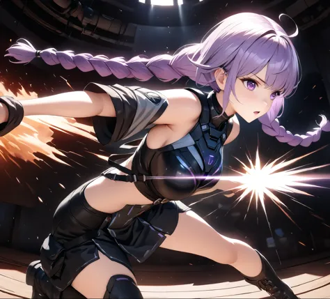 1 boy,a girl with purple and white gradient double braids,Intense showdown, eye contact, tense atmosphere, battle outfits, fierc...