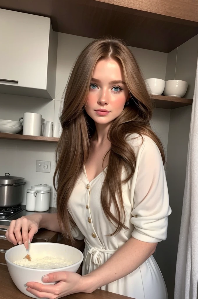 Photorealistic, best quality, hyper detailed, half body. A portrait of a gorgeous, pretty, charming, alluring, stylish, flowing super long ginger haired russian woman with the cutest face, fair porcelain skin, soft flawless skin. She is wearing a casual and comfy outfit. It's the afternoon, and she's at her home's kitchen baking a cake, she loves cooking, and also she's going to make some cookies.
