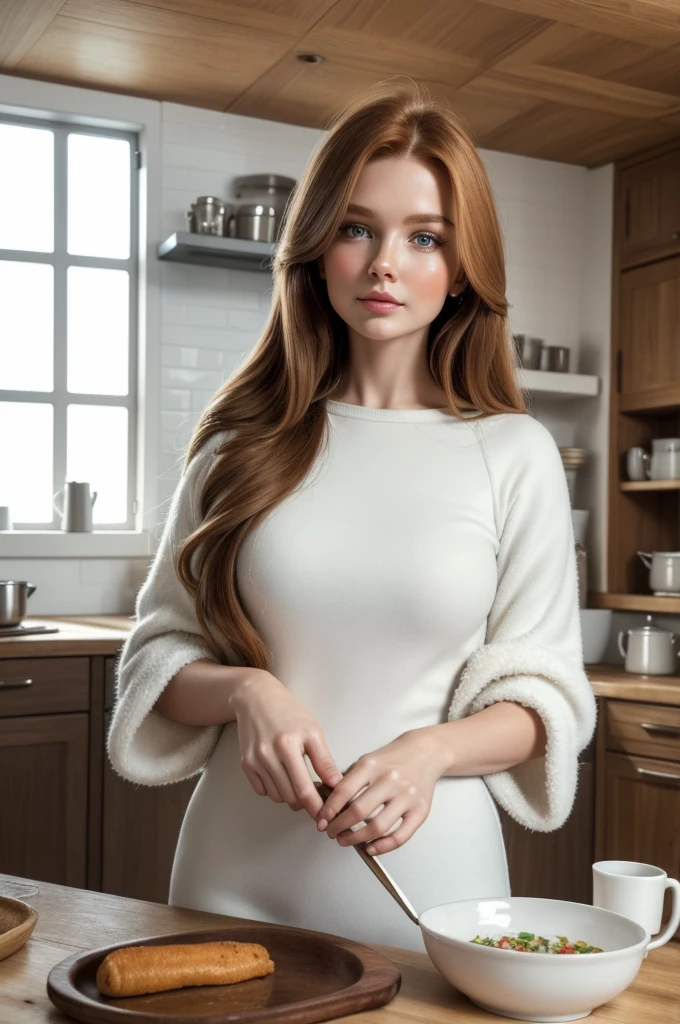 Photorealistic, best quality, hyper detailed, half body. A portrait of a gorgeous, pretty, charming, alluring, stylish, flowing super long ginger haired russian woman with the cutest face, fair porcelain skin, soft flawless skin. She is wearing a casual and comfy outfit. It's the afternoon, and she's at her home's kitchen, she has already done a chicken in the oven, she loves cooking.