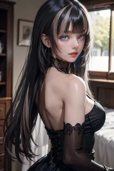 View from behind、(Realistic painting style:0.9), Tabletop, , Red pupils, One Girl, alone, chest, Long Hair, dress, Grey Hair, Ch...