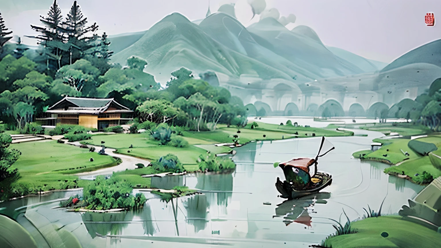 Misty Jiangnan，，on a river，There are low houses around，One person wearing a bamboo hat，Standing on the bow，antiquity，Vision有綿延的山脈與廣闊的天空，There should be reflections in the water，Vision