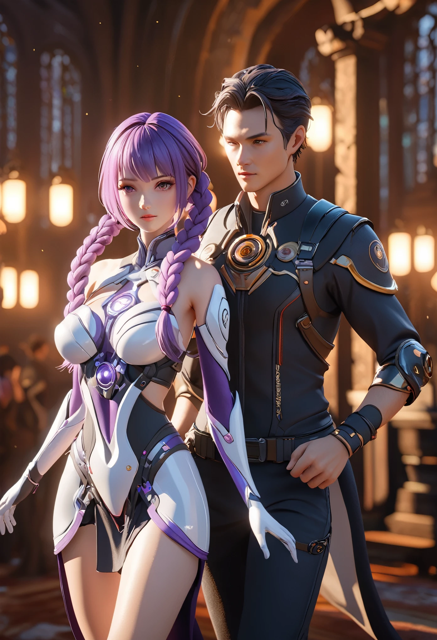 boy and girl hand in hand，walking，[beautiful girl，yinji, Crypticforce, anatomical correct:2, twin braids, purple hair，hair ornament, gloves, ahoge，low-tied very long hair,soft lighting,colorful palette,detailed eyes,detailed lips],best quality,4k,8k,highres,masterpiece:1.2),ultra-detailed,professional,vivid colors,bokeh,illustration,,serene background,((Best quality)), ((Masterpiece)), ((Realistic))，anatomically correct，Nikon Z7 II camera, Fujifilm Velvia 50 film, 50mm lens, high saturation, extremely hyper aesthetic intricate detailed, sharp focus, bewitching lighting, trending on artstation, cinematic lighting, unreal engine, octane render, full body shot, HDR, Unreal Engine 5, Octane Render, Cinematic, 32k, Natural Lighting, Ray Tracing Global Illumination, Digitally Enhanced, PhotoReal, Hyperdetailed, VFX, High Fidelity, expressive, dynamic pose, cinematic look, highly detailed, Cinestill 800T, sharp focus, intricate details, insanely detailed, Photorealism, High detail + Sony Alpha α7, sci - go cinematic style, volumetric lighting, zoomed out, action pose, sharp focus, dramatic lighting, centered, post processing, color grading, Redshift Render, ray tracing, epic, magnificent background, serene and enigmatic expression,