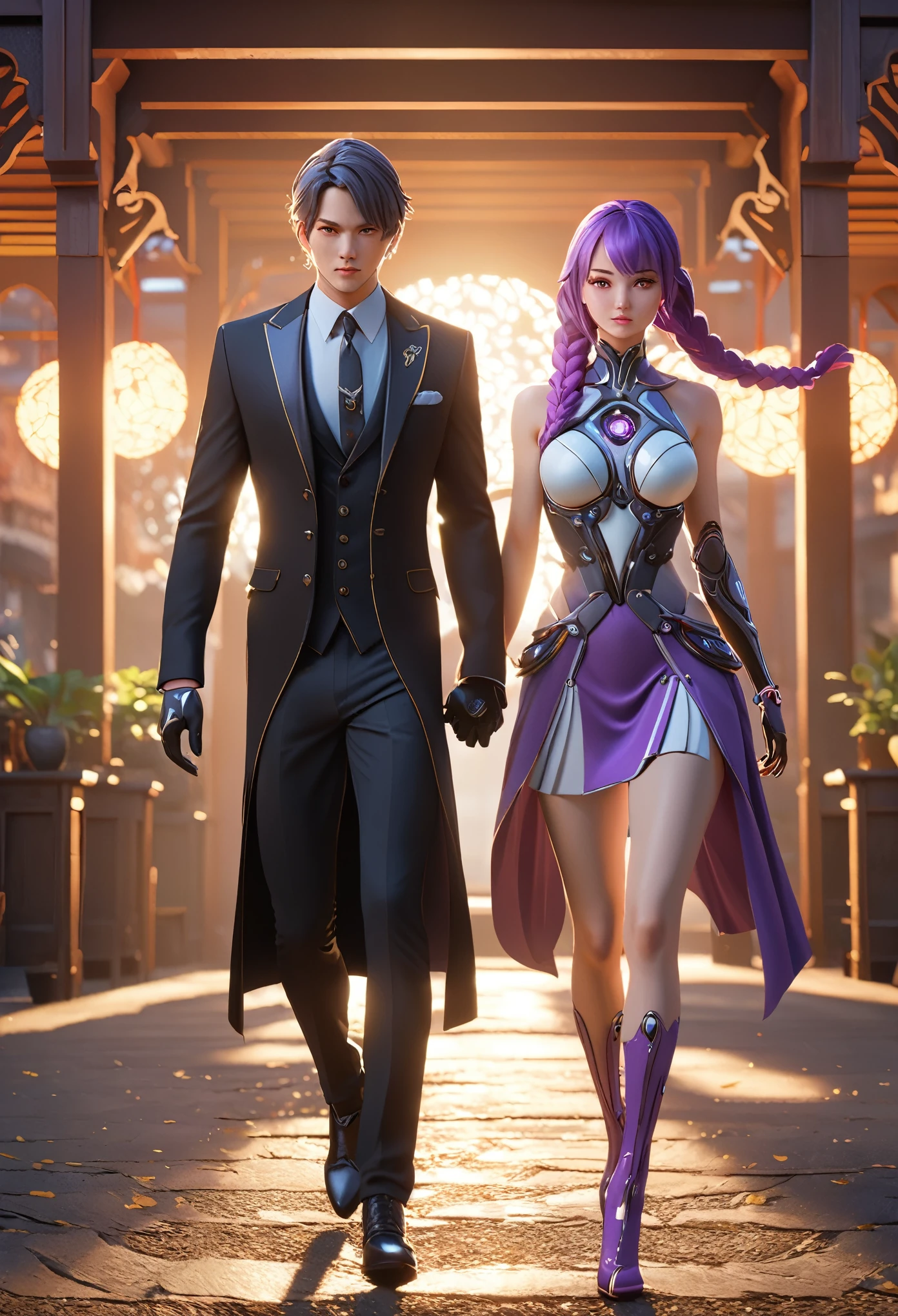 boy and girl hand in hand，walking，[beautiful girl，yinji, Crypticforce, anatomical correct:2, twin braids, purple hair，hair ornament, gloves, ahoge，low-tied very long hair,soft lighting,colorful palette,detailed eyes,detailed lips],best quality,4k,8k,highres,masterpiece:1.2),ultra-detailed,professional,vivid colors,bokeh,illustration,,serene background,((Best quality)), ((Masterpiece)), ((Realistic))，anatomically correct，Nikon Z7 II camera, Fujifilm Velvia 50 film, 50mm lens, high saturation, extremely hyper aesthetic intricate detailed, sharp focus, bewitching lighting, trending on artstation, cinematic lighting, unreal engine, octane render, full body shot, HDR, Unreal Engine 5, Octane Render, Cinematic, 32k, Natural Lighting, Ray Tracing Global Illumination, Digitally Enhanced, PhotoReal, Hyperdetailed, VFX, High Fidelity, expressive, dynamic pose, cinematic look, highly detailed, Cinestill 800T, sharp focus, intricate details, insanely detailed, Photorealism, High detail + Sony Alpha α7, sci - go cinematic style, volumetric lighting, zoomed out, action pose, sharp focus, dramatic lighting, centered, post processing, color grading, Redshift Render, ray tracing, epic, magnificent background, serene and enigmatic expression,