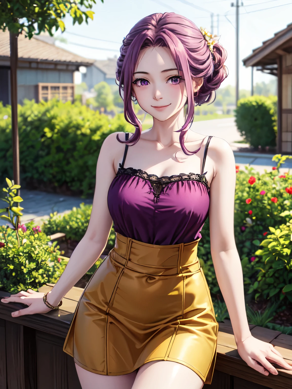 Mirelia Kmerlomark, Purple Hair, (Purple eyes:1.1),garden、smile、lovely、Closed Mouth、Beautiful thighs、nice waist、skirt、 8k wallpaper, Closed Mouth、smile、White T-shirt、白色のcamisole 非常に詳細な顔, Perfect lighting, Extremely detailed CG,camisole、Party Dresses、Cowboy Shot