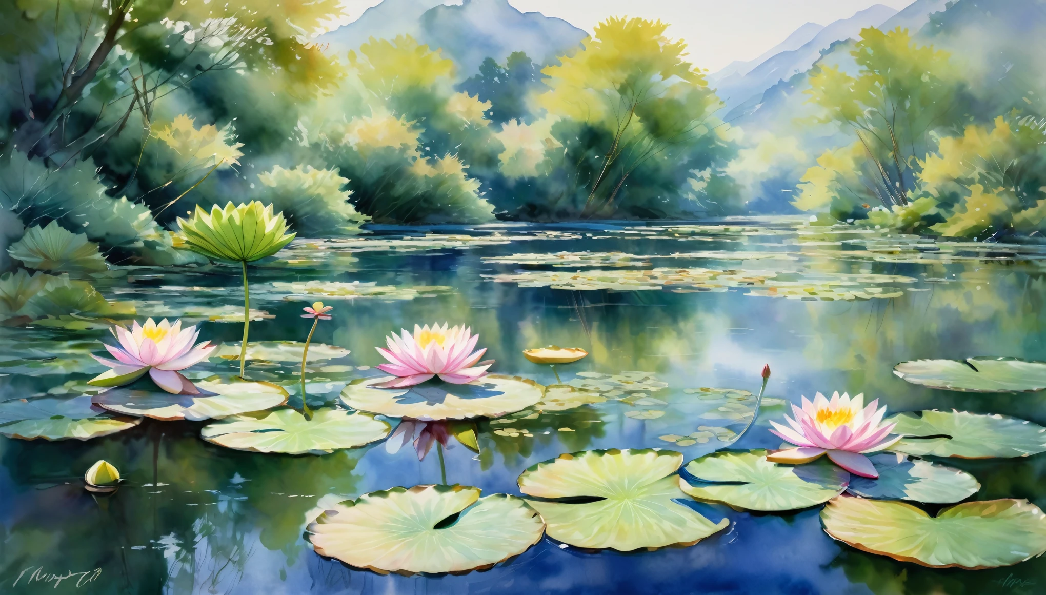 On the screen, the soft colored water lily leaves and flowers sway in the water, interweaving with light and shadow to create a harmonious and peaceful picture. This work not only showcases Monet's superb painting skills, but also conveys his love and admiration for nature and life,Watercolor, Landscape, Plan, Composition, Sketch, Sky, Wash, Mountains, Hills, Distance, Foreground, Trees, Bushes, Rocks, Details, Highlights, Dry, Final Appearance, Colors, Technique, Color Combinations, Creativity, (masterpiece, best quality:1.2)