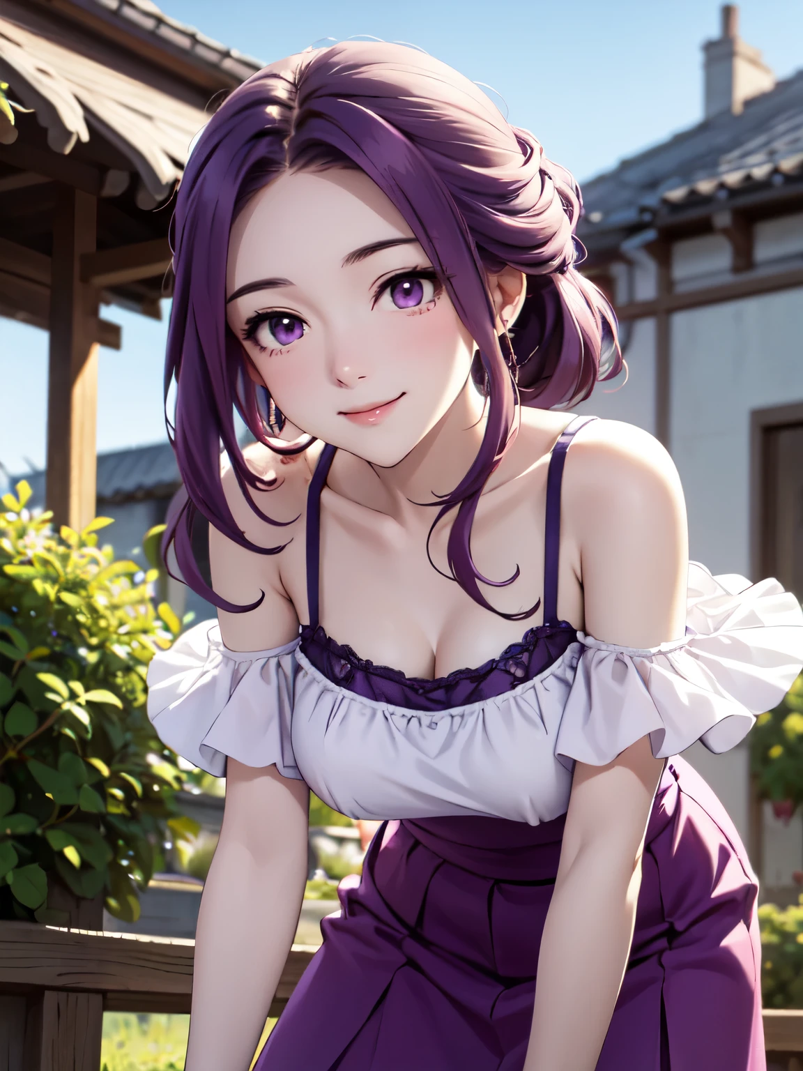 Mirelia Kmerlomark, Purple Hair, (Purple eyes:1.1),garden、smile、Shooting from the front、lovely、Closed Mouth、Beautiful thighs、nice waist、skirt、 8k wallpaper, Closed Mouth、smile、White T-shirt、White camisole highly detailed face, Perfect lighting, Extremely detailed CG,camisole、 Dresses、Cowboy Shot、Leaning forward、