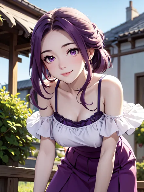 Mirelia Kmerlomark, Purple Hair, (Purple eyes:1.1),garden、smile、Shooting from the front、lovely、Closed Mouth、Beautiful thighs、nic...