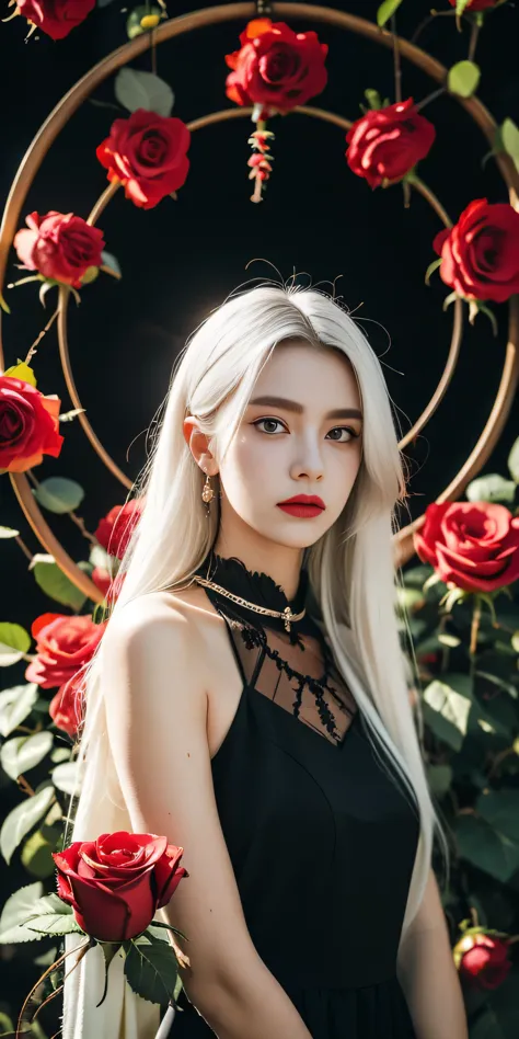(best quality, masterpiece), (1girl, solo, black dress, standing , looking at viewer, white hair, red eyes, holding rose, closed...