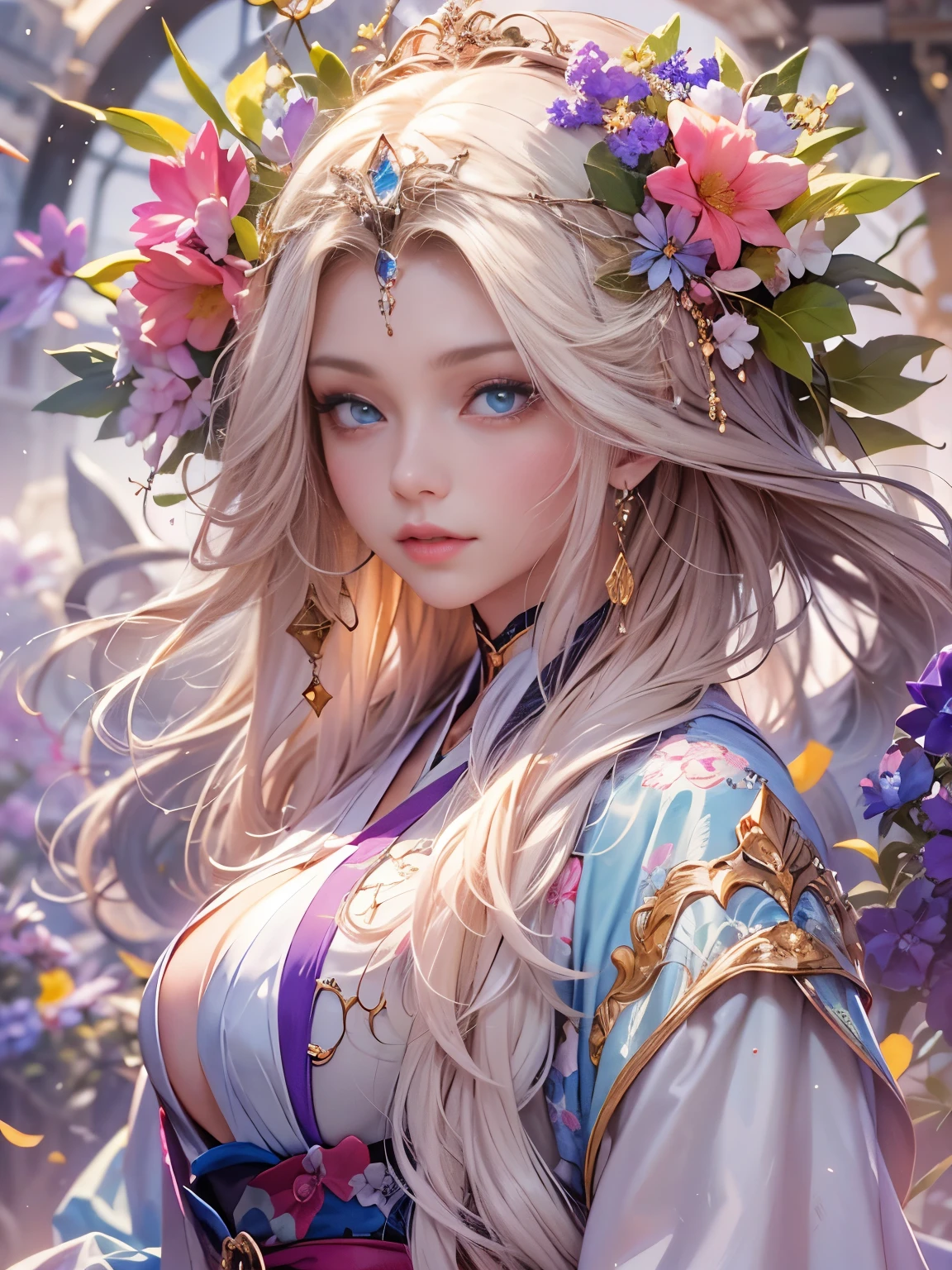 Arabian woman in kimono with flowers on her head, Beautiful digital artwork, Beautiful digital illustrations, Beautiful digital painting, Gorgeous digital painting, Gweiz-style artwork, Photorealistic anime girl rendering, Smooth anime CG art, Beautiful digital art, Amazing digital art with great detail, Amazing digital illustrations, Detailed digital anime art, April Rendering, Beautiful anime portraits, Like a perfect fairy, Yasutomo Oka's painting style, Big Breasts, Add light purple and purple, Add Light Red, Intricate details, Splash screen, 8K resolution, masterpiece, A dignified face, prayer, Big temple, mysterious magic circle background, Mandala Mr.., Colorful background, Aura, Sharp Eyes, BREAK, bionde, Strong winds, Mr.々Light source, Colorful light, 
