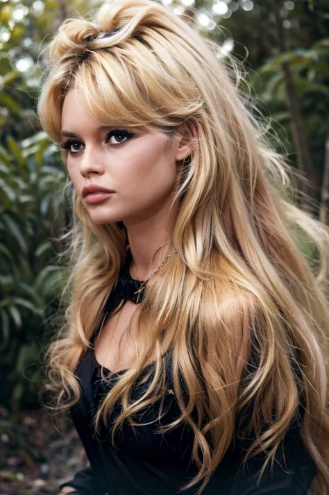 Detailed Photo of 1 bbardot woman with dark eye makeup and a black bow on her head, detailed face, Beautiful, Perfect Eyes, (hig...