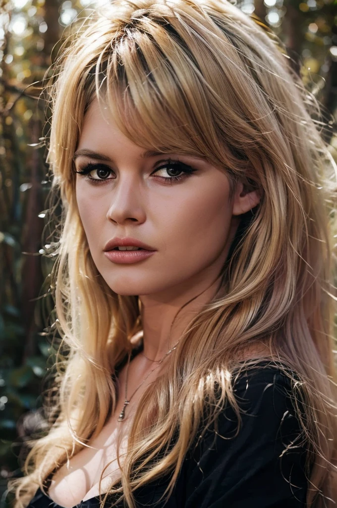 Detailed Photo of 1 bbardot woman with dark eye makeup, detailed face, Beautiful, Perfect Eyes, (highly detailed skin:1.1), perfect body, Professional Photography, Soft Lighting, Photorealistic, Realistic, ((Fog:1.2)), ((in a Forest background)), blurred background, volumetric fog, God Rays, Bokeh, RAW, analog style, sharp focus, 8k, high res, DSLR, high quality, Fujifilm XT3, film grain, award winning, stunning